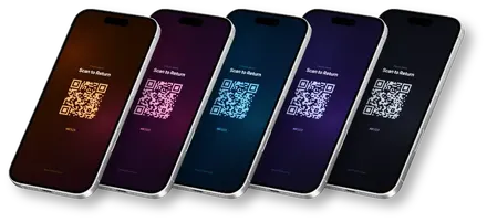 Return2Owner QR lock screen wallpapers on five iPhones in different colour themes