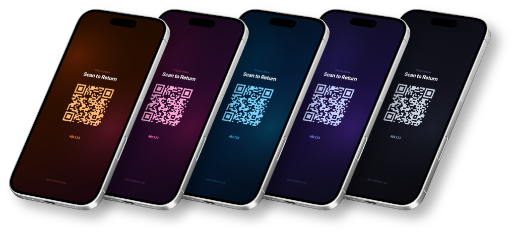 Return2Owner QR lock screen wallpapers on five iPhones in different colour themes